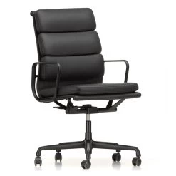 Vitra - EA 219 Soft Pad Bureaustoel Diepzwart Gecoat Met Armleuningen, Leder Premium F Nero (harde Vloerwielen)